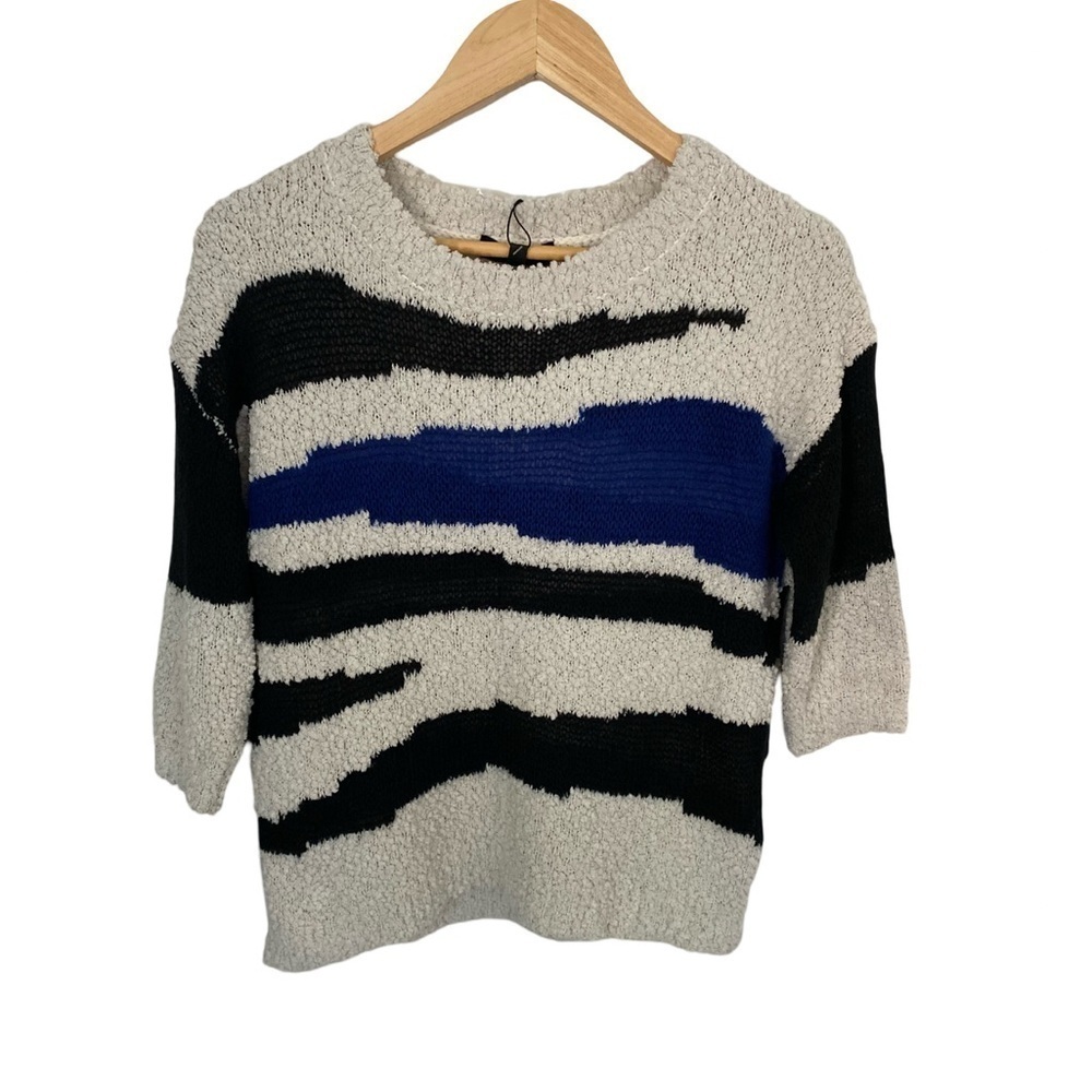 Sanctuary 3/4 Sleeve Blue & Black Stripe Boucle Knit Sweater NWT Size S